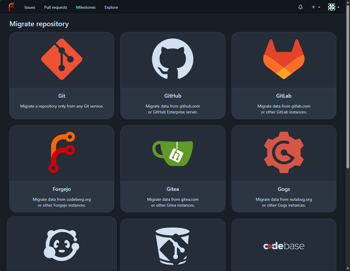 Source git servers you can migrate from to forgejo