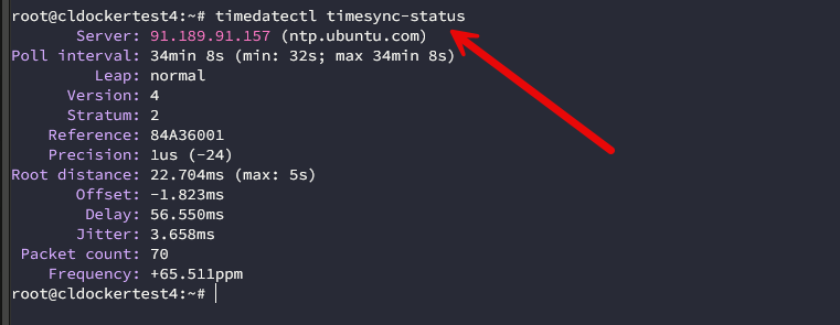 Timedatectl timesync status ran on ubuntu server showing the public server
