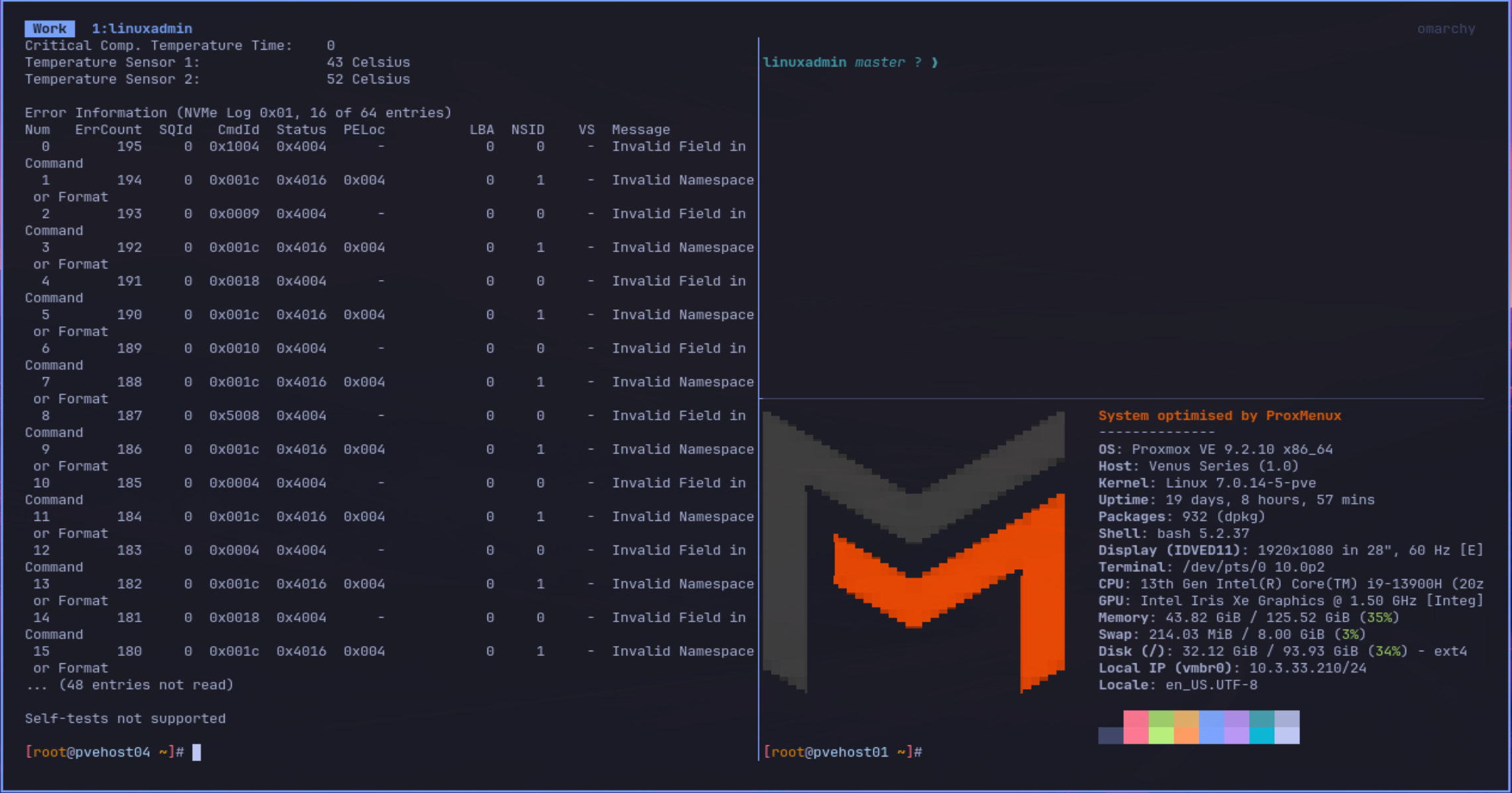 Tmux terminal running connections to proxmox servers in omarchy