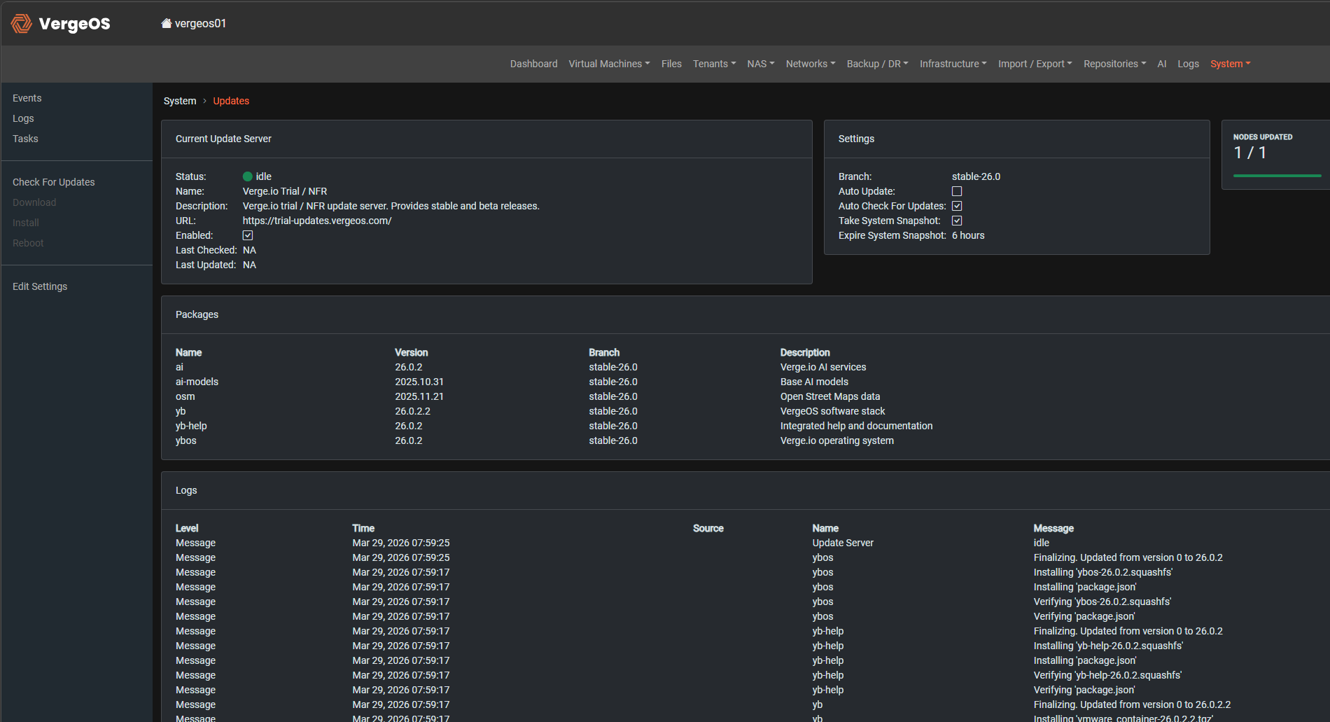 Vergeos running on a test node