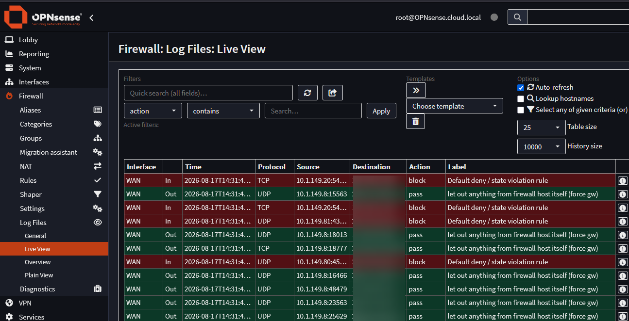 Viewing the live firewall logs in opnsense
