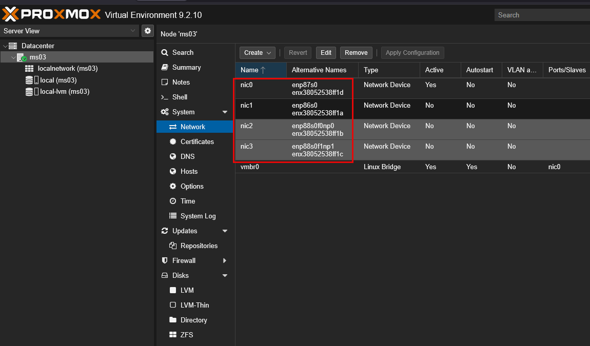 Viewing the network adapters inside of proxmox ve server