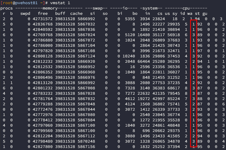 Viewing vmstat for wa time in proxmox