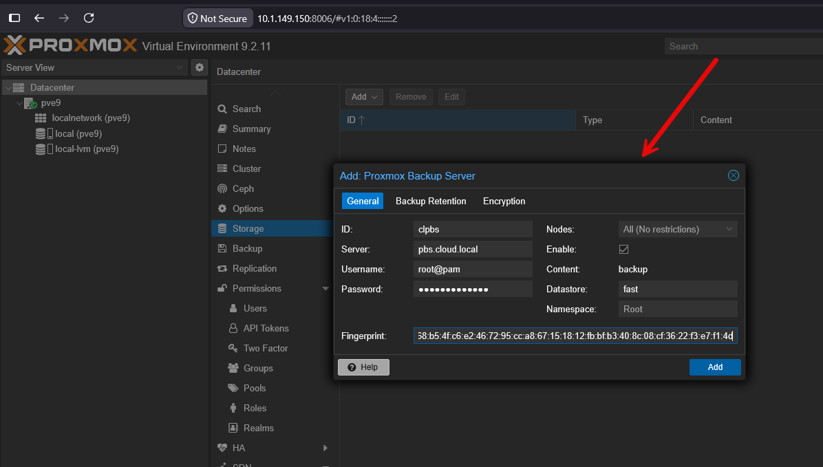Added the pbs storage on the reloaded proxmox host