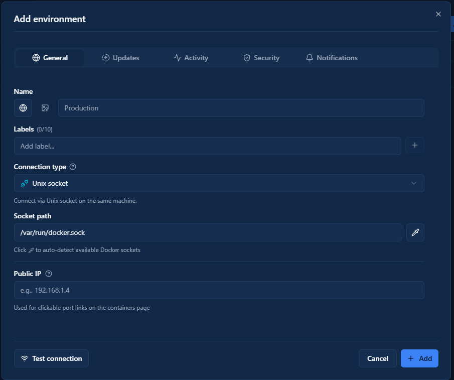 Adding a new environment in dockhand for management