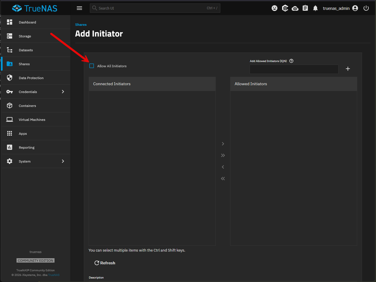 Allowing all initiators in truenas initiator configuration