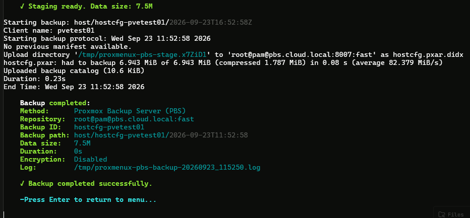 Backup completed successfully in proxmox host backup tool