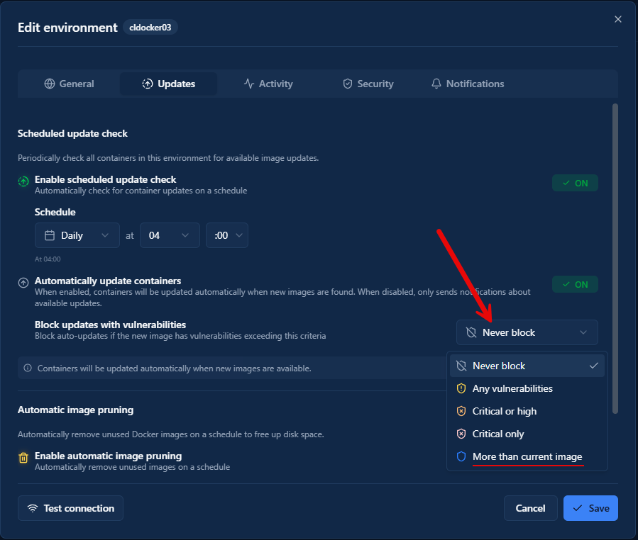 Block updates with vulnerabilities options for container image updates in dockhand