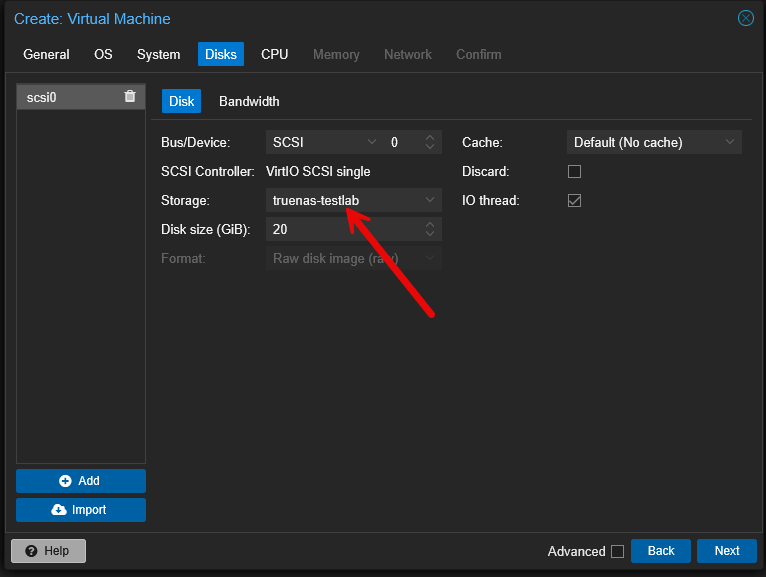 Choosing the truenas storage when creating a new proxmox vm