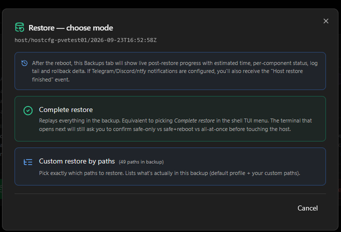 Choosing to restore the backup listed from pbs