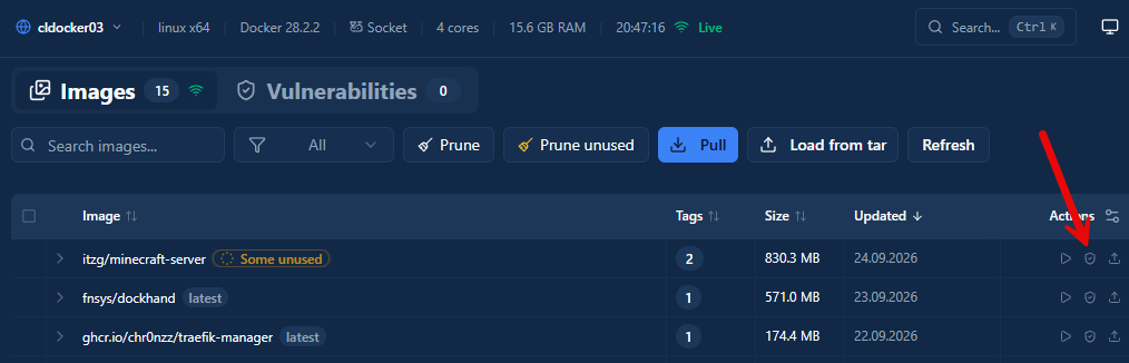 Click on the little shield to manually scan for container image vulnerabilities