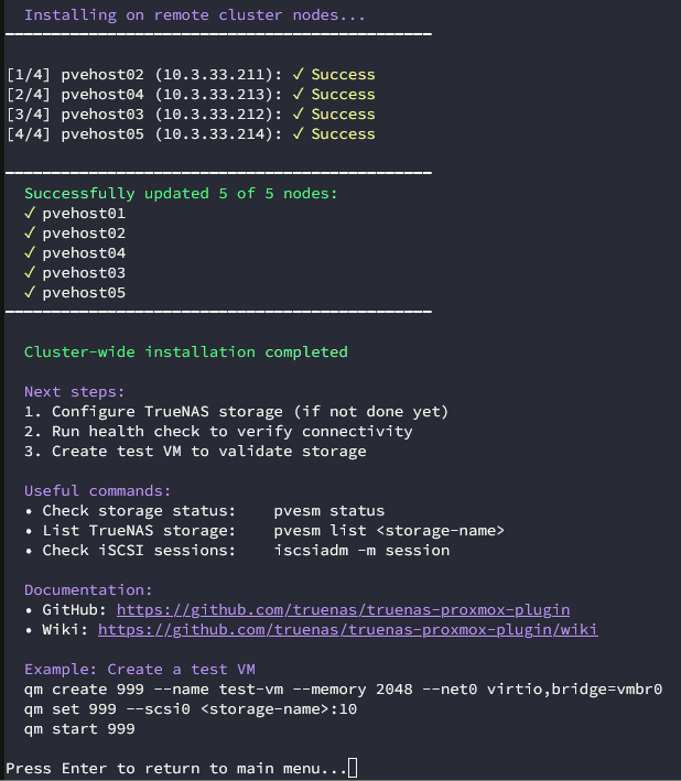 Cluster wide installation of the truenas plugin on proxmox completes successfully