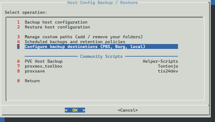 Configure backup destinations in proxmenux host backup configuration