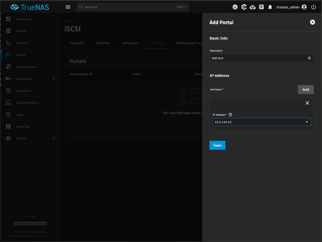 Configuring a truenas iscsi portal name and ip address