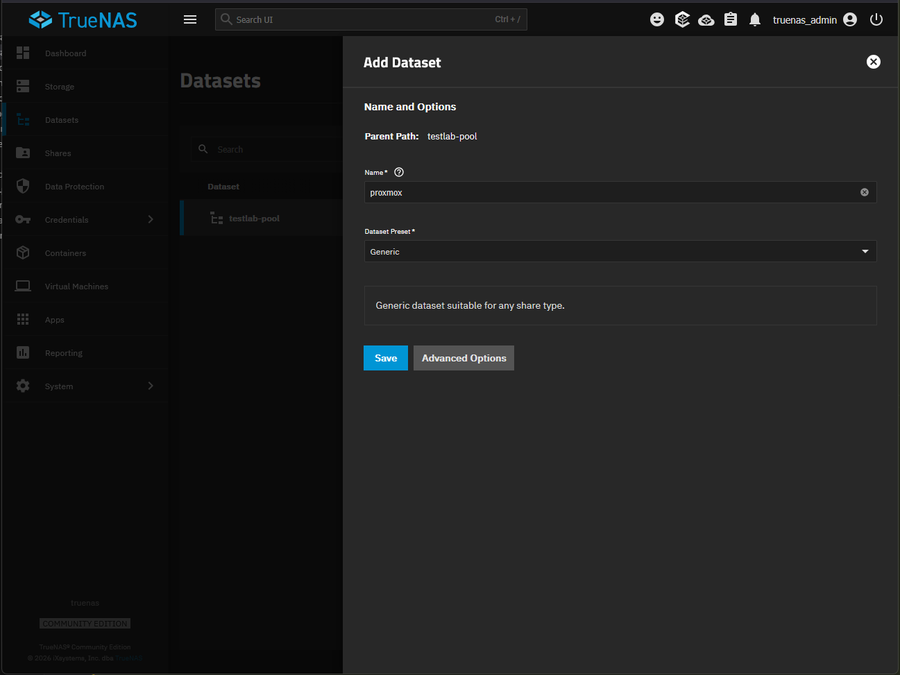 Configuring the truenas dataset name and options