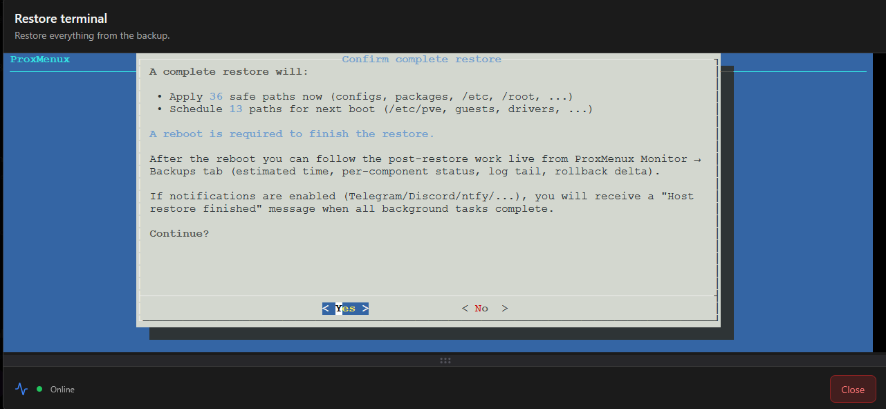 Confirming the restore process