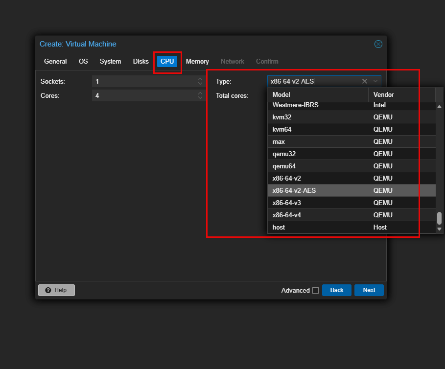 Different cpu types in the proxmox web ui