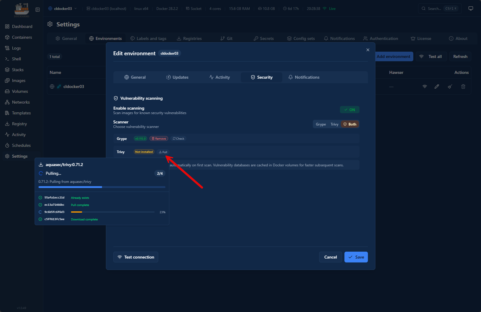 Dockhand has you pull down the images of the security scanner tools