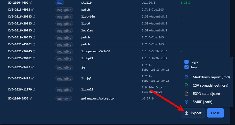 Exporting the results of the security scan from dockhand