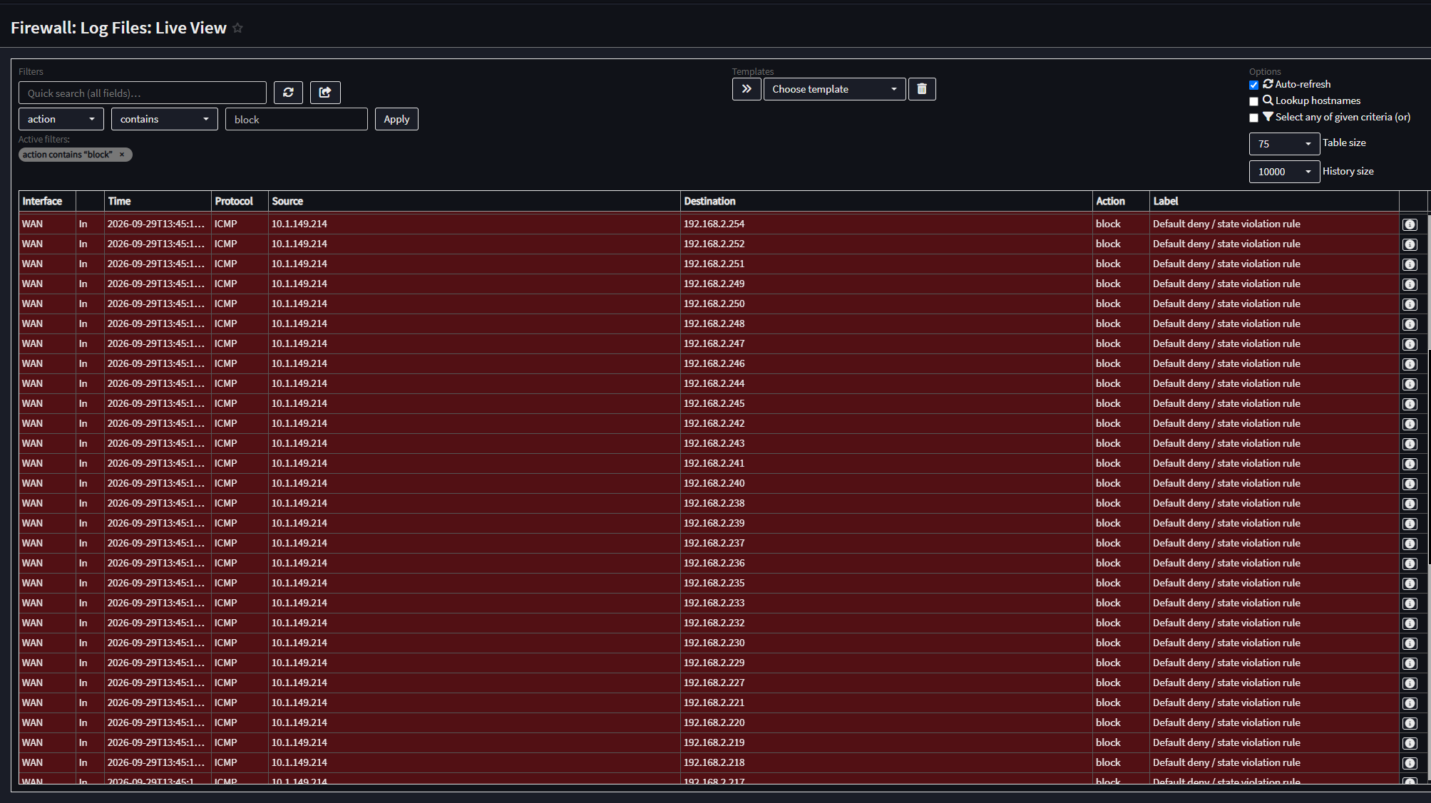Firewall logs in opnsense showing blocks