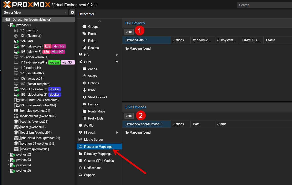 Getting to the resource mappings in the proxmox datacenter view