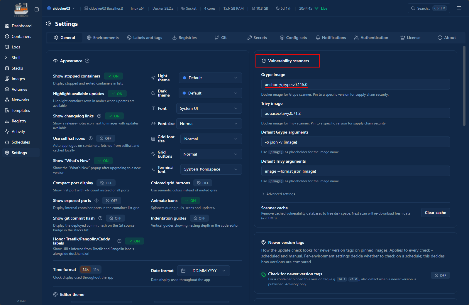 Global security scanner container image settings
