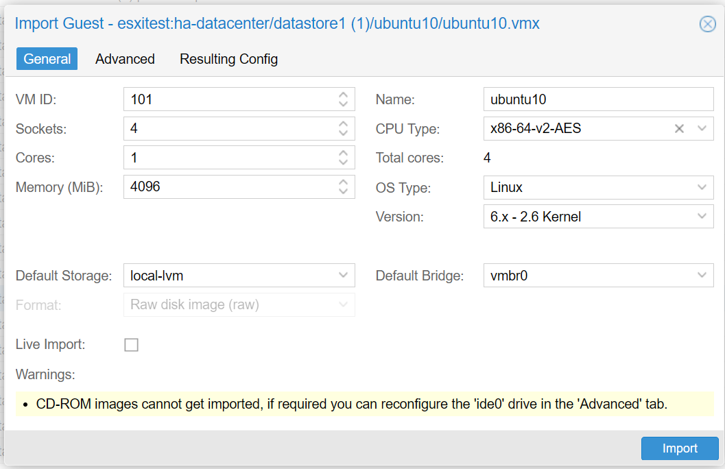 Importing a vmware esxi vm into proxmox