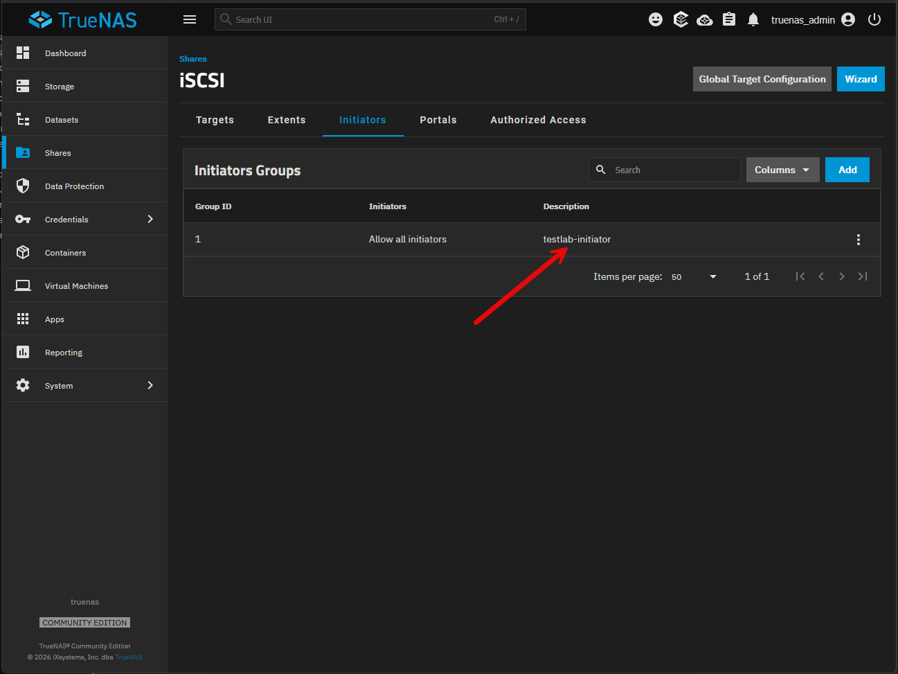 Initiator is created successfully in truenas iscsi