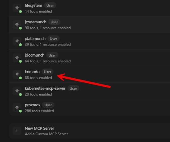 Komodo mcp server is added and enabled