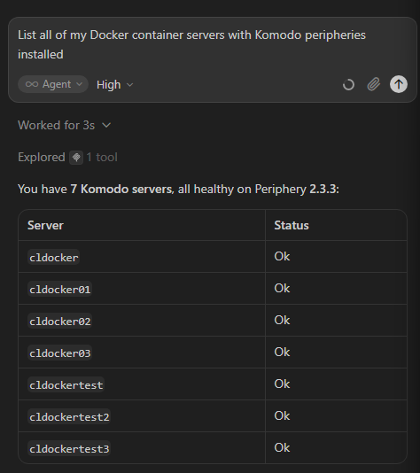 Listing docker container server hosts with komodo peripheries installed