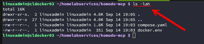 Listing out the directory contents after downloading the files for komodo mcp
