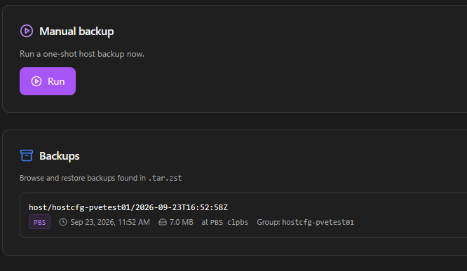 Manual run of the proxmenux host backup tool and viewing the backup listed