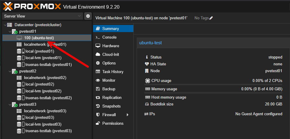 New vm created in proxmox on the truenas storage configured