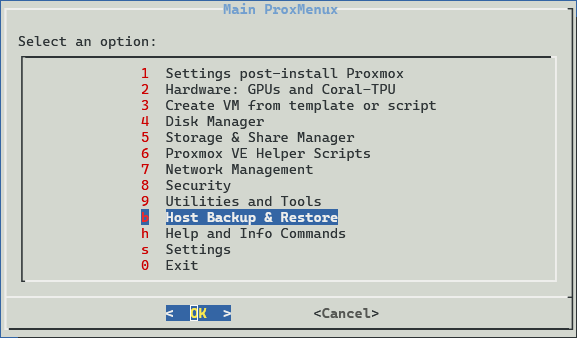 Proxmenux host backup and restore functionality for your pve host