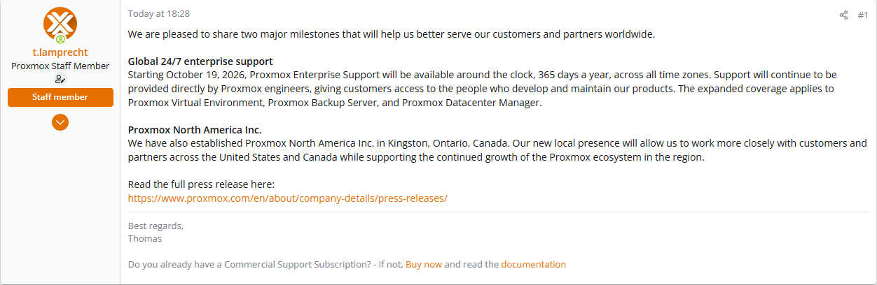 Proxmox forum post for 24 x 7 support