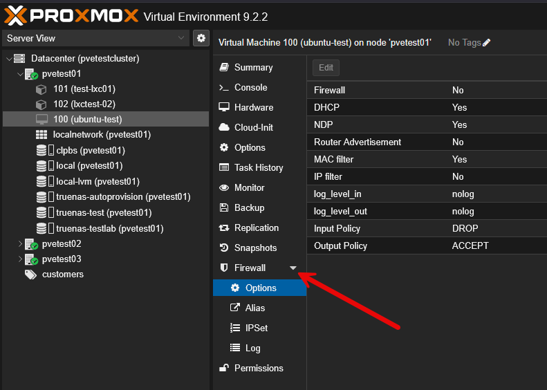 Proxmox vm firewall configuration