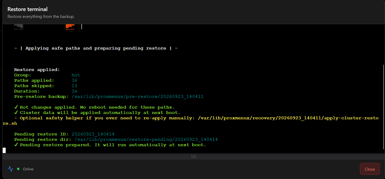 Restore process underway from proxmenux backup process