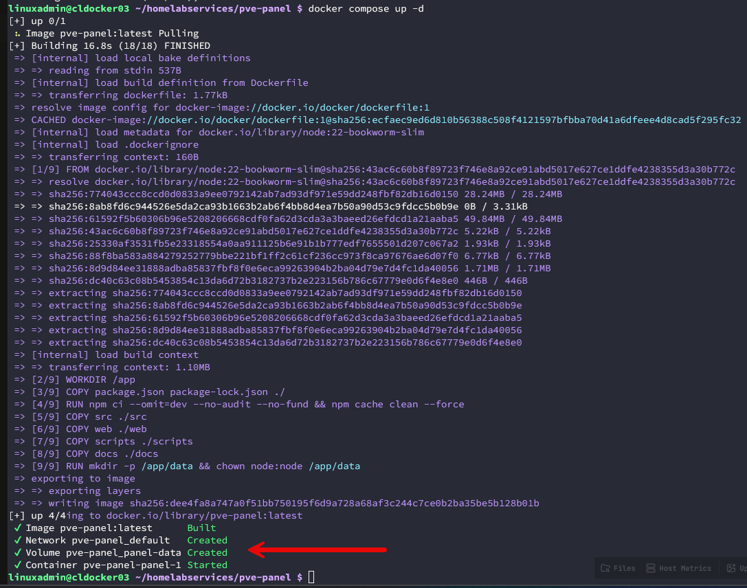 Running the docker compose up d command for pve panel