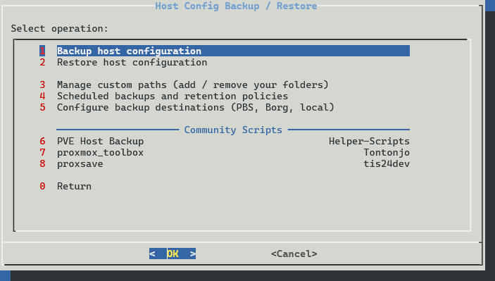 Selecting backup host configuration using the proxmenux host backup functionality