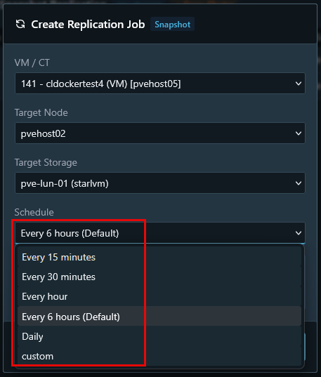 Selecting the vm ct target node target storage and schedule using pegaprox