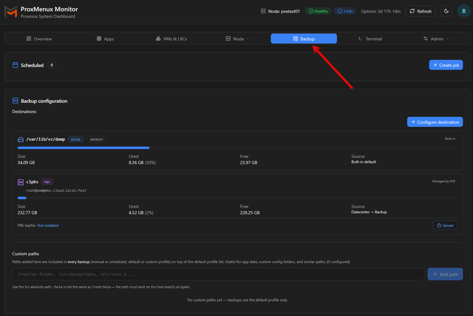 Setting up backups from proxmenux web admin interface