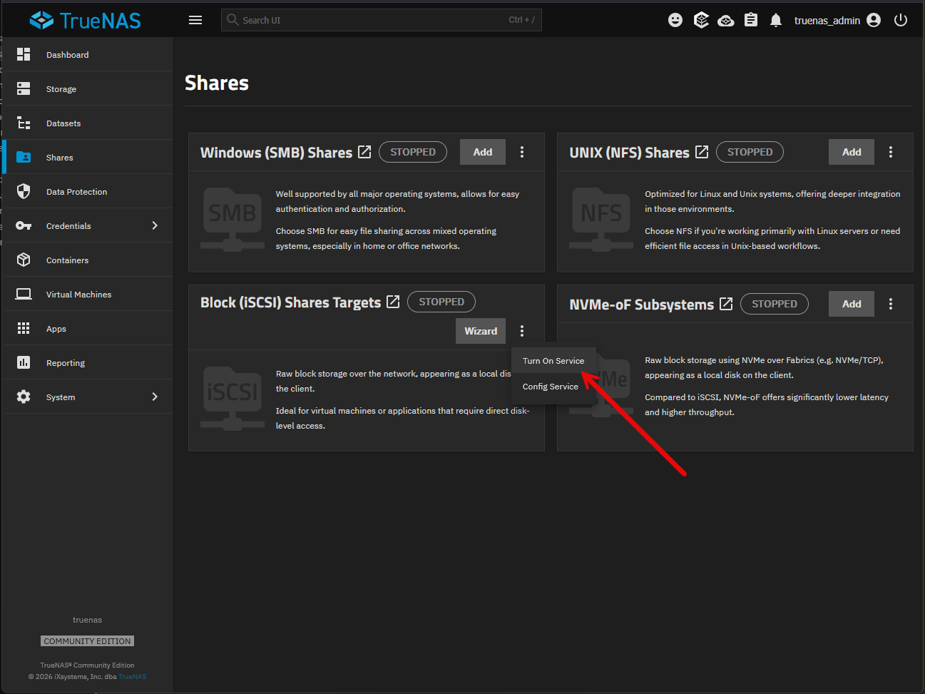 Shares turn on service for iscsi in truenas