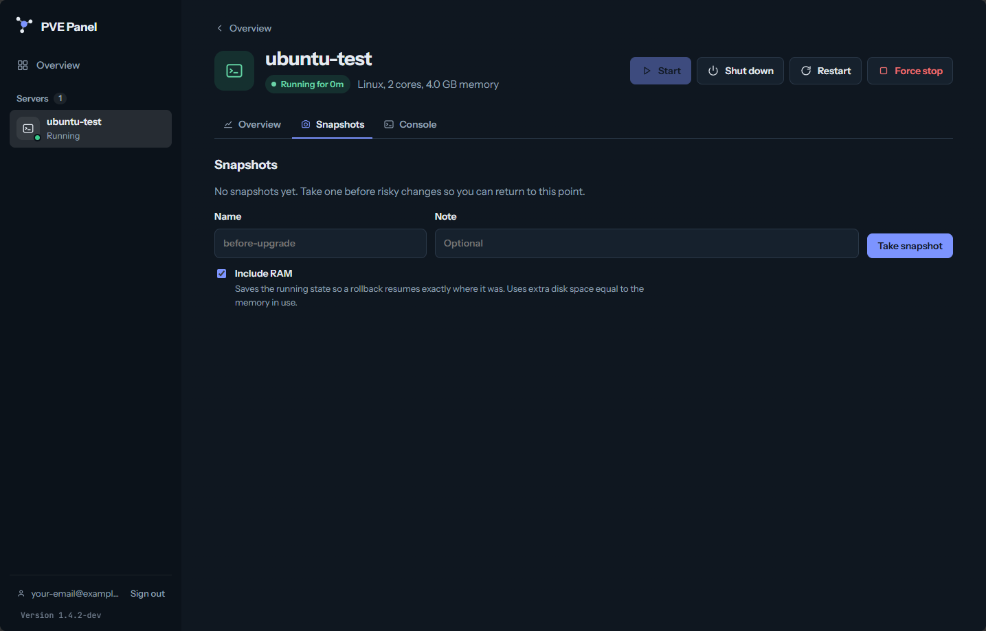 Snapshots screen for managing and creating snapshots for vm assigned