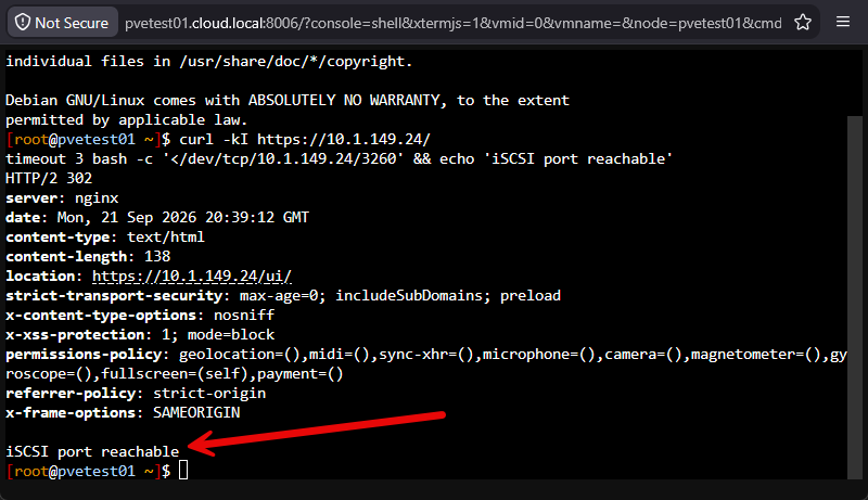 Testing to make sure that iscsi access is good from the proxmox host to truenas