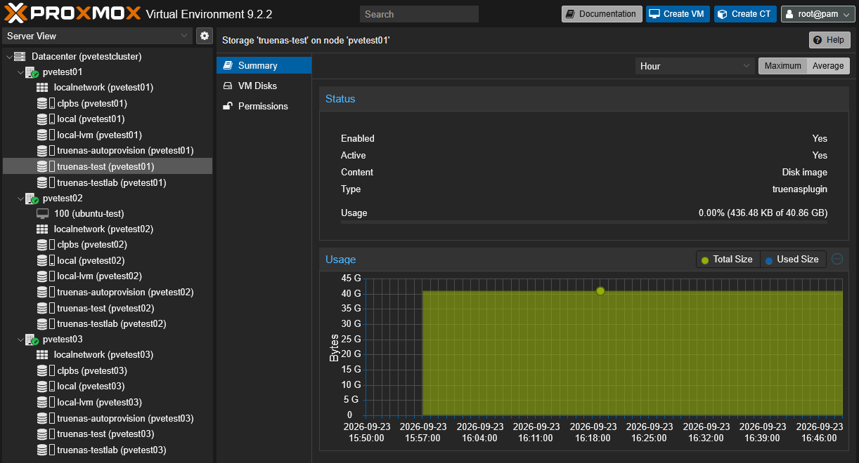 The restored cluster node is now back in operation and can see the other nodes and truenas storage