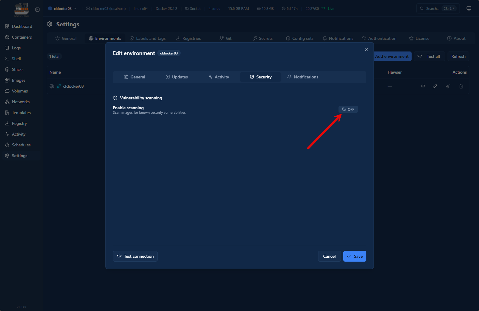 Toggle to turn on security scanning in dockhand