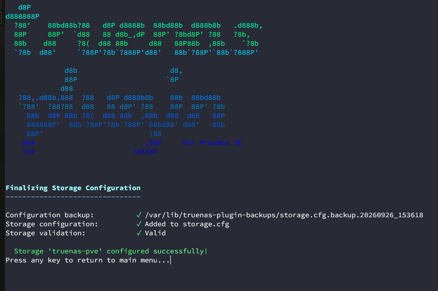 Truenas proxmox storage configured successfully