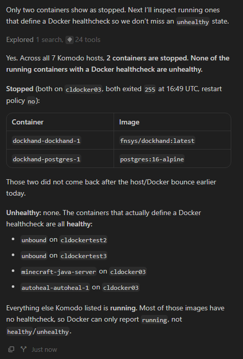 Using the komodo docker mcp server to report on any unhealthy containers