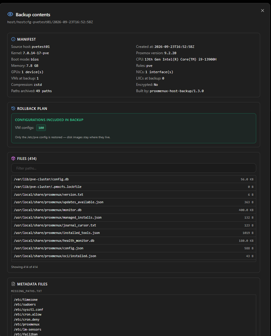 Viewing the contents of a backup created with proxmenux host backup utility