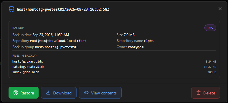 Viewing the manual run of the proxmenux backup tool in the web admin ui